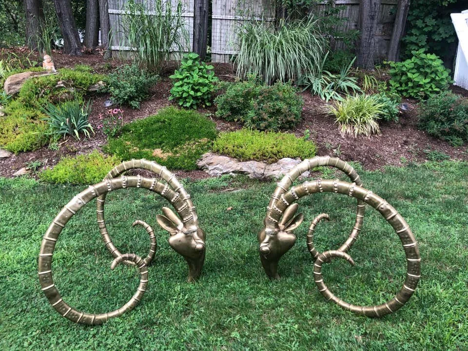 SOLD-Pair of Brass Ibex Ram Head Dining Table Bases in the